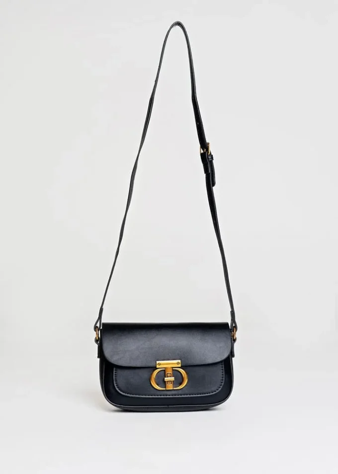 Mała czarna torebka na ramię z eleganckim łańcuszkiem i długim paskiem - Sienna Black - obrazek 9