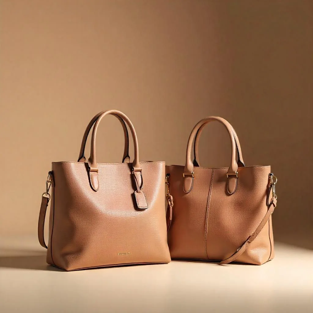 Dwie eleganckie damskie torebki w odcieniu mokka mousse – jedna ze skóry, druga z zamszu, ułożone na jasnym tle z dodatkami w stylu minimalistycznym. Trendy 2025