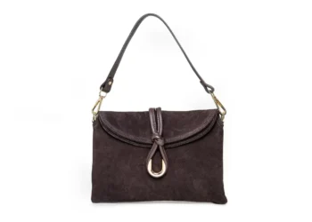 Detale torebki Flora Chocolate – zamszowa faktura i skórzane wykończenia